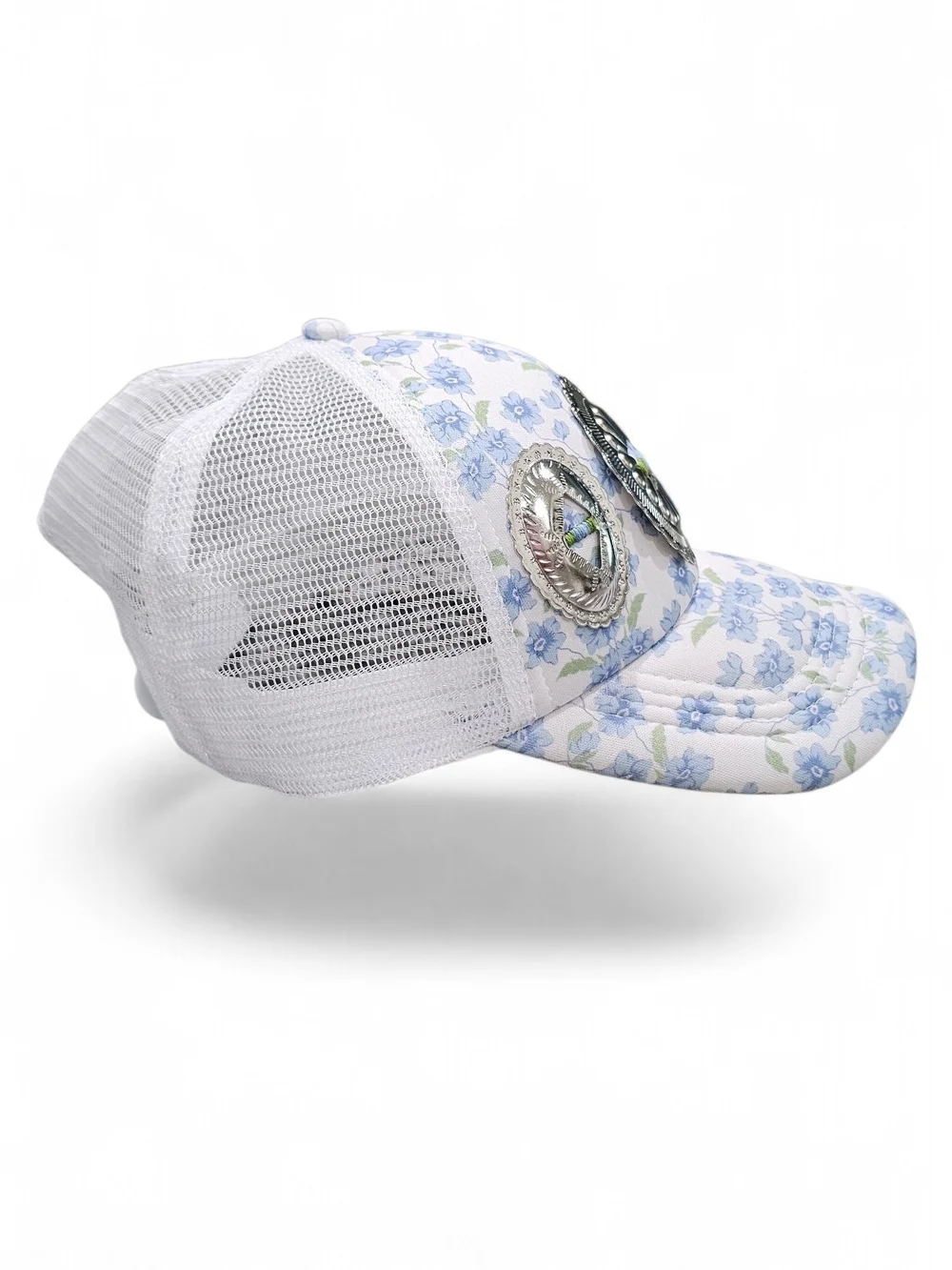 Floral Blue & White Baseball Cap with Silver Conchos, Westren Hat